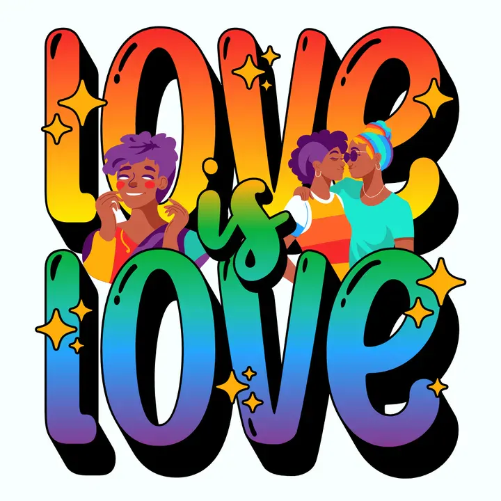 A colorful T-shirt design featuring two feminine figures kissing and a smiling LGBTQ+ individual. The phrase 'Love is Love' is written sandwiching the figures in balloon-like, rainbow-gradient letters - Kittl