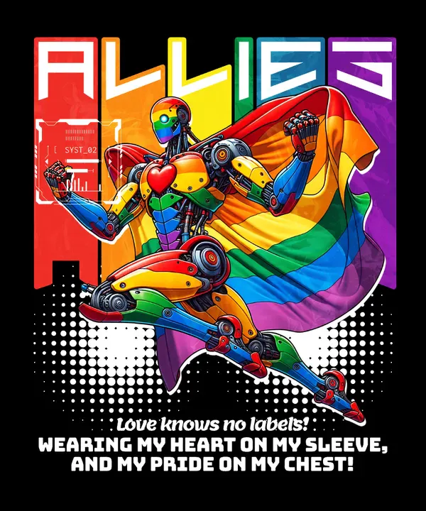 A futuristic comic-style T-shirt design featuring a rainbow-colored robot holding a rainbow Pride flag. The background is solid black with the word 'ALLIES' written behind the robot, each letter filled with a different color - Kittl