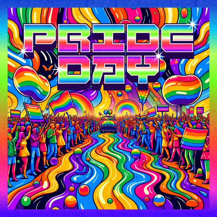 A vibrant event poster bursting with hyper-saturated pride flag colors, featuring an energetic parade scene. The words Pride Day and is displayed in a robotic-style typography - Kittl