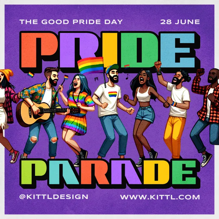 A colorful social media poster featuring a vibrant crowd celebrating Pride Day with rainbow flags and confetti. The text Pride Parade is displayed in bold, playful typography across the top and bottom. The background is bright and festive - Kittl