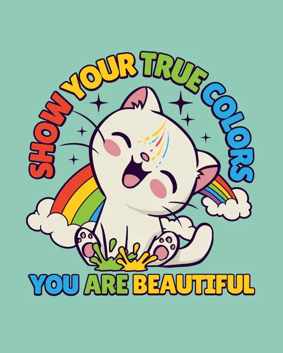 A T-shirt design featuring a kawaii-style cat playfully splashing its paws in paint, positioned in front of a rainbow. The phrase 'Show Your True Colors' arches above the cat in multi-colored letters, and 'You Are Beautiful' is written below - Kittl