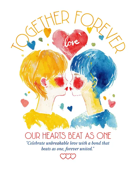 A wedding invitation featuring two feminine individuals kissing, illustrated in a soft watercolor art style. The background is solid white, and elegant typography displays the phrases Together Forever and Our Hearts Beat As One - Kittl