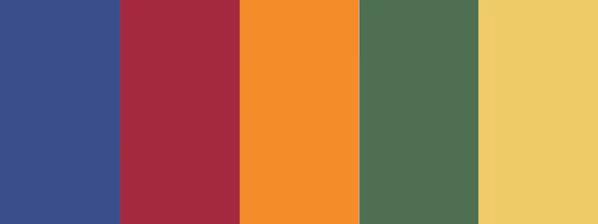 4. “Nomadic Bazaar” color palette consist of  Indigo Blue (#3A4E8C), Pomegranate Red (#A6293E), Turmeric Orange (#F28C28), Cypress Green (#4F6F52), Woven Gold (#EFCB68) - Kittl