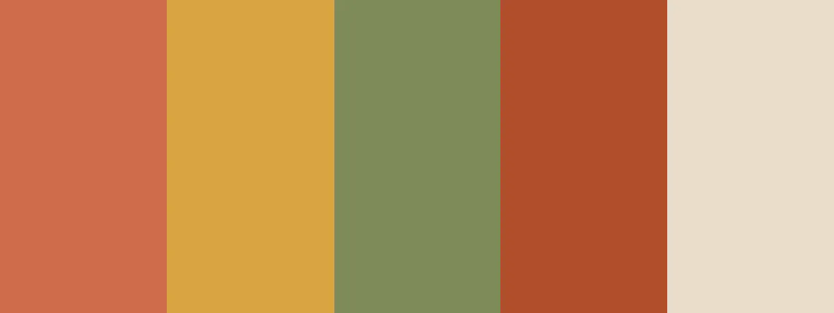 1. “Earth & Spice” color palette consists of Terracotta (#D06C4B), Mustard Yellow (#D9A441), Olive Green (#7D8B59), Burnt Sienna (#B04E2A), Sand Beige (#EADDCB) - Kittl