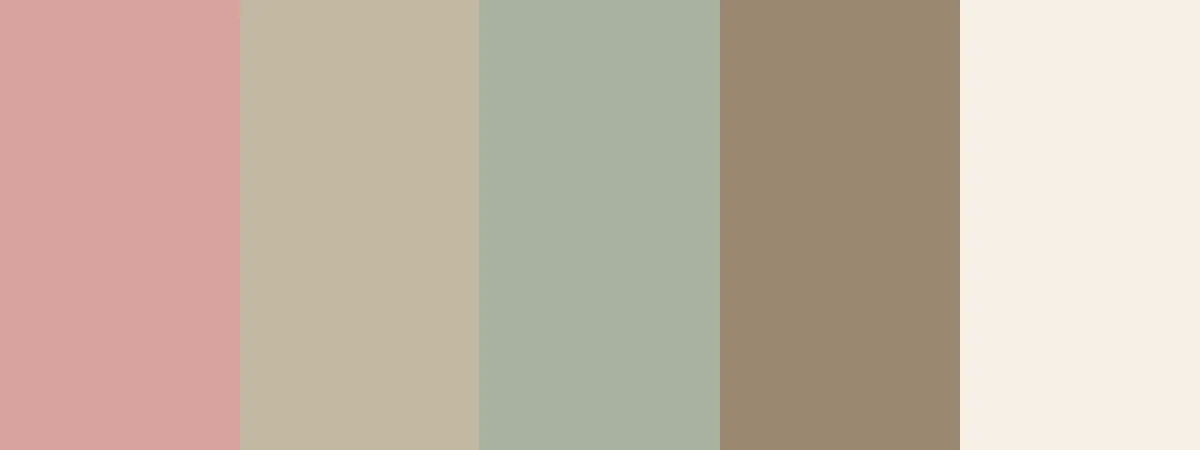 3. “Modern Desert Boho” color palette consist of Clay Pink (#D8A39D), Desert Taupe (#C2B8A3), Sage Green (#A8B2A1), Driftwood Brown (#9A8870), Pale Peach (#F7EFE6) - Kittl