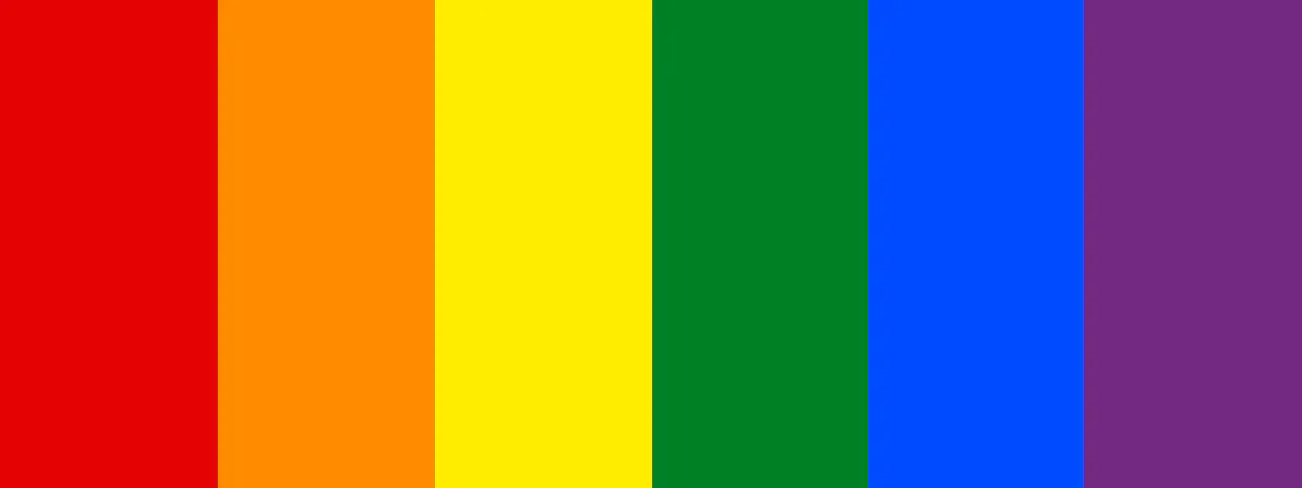 Classic Rainbow Pride Flag palette consists of the following color hexes:  Red (#E40303), Orange (#FF8C00), Yellow (#FFED00), Green (#008026), Indigo (#004CFF), Violet (#732982) - Kittl