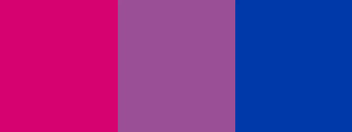 Bisexual Pride Flag color palette consists of the following color hexes: Pink (#D60270), Purple (#9B4F96), Blue (#0038A8) - Kittl