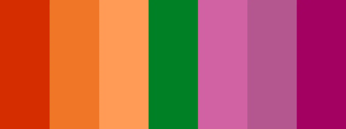 Lesbian Pride Flag color palette consists of the following color hexes: Dark Orange (#D52D00), Orange (#EF7627), Light Orange (#FF9A56), White (#008026), Pink (#D162A4), Dusty Pink (#B55690), Dark Rose (#A30262) - Kittl
