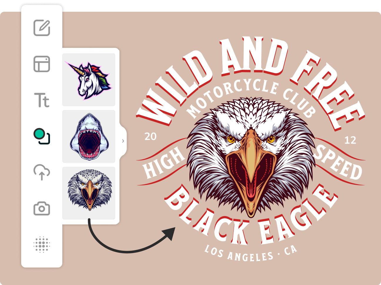 Using the drag'n'drop option in Kittl to insert an eagle illustration in motorcycle club'S logo design.