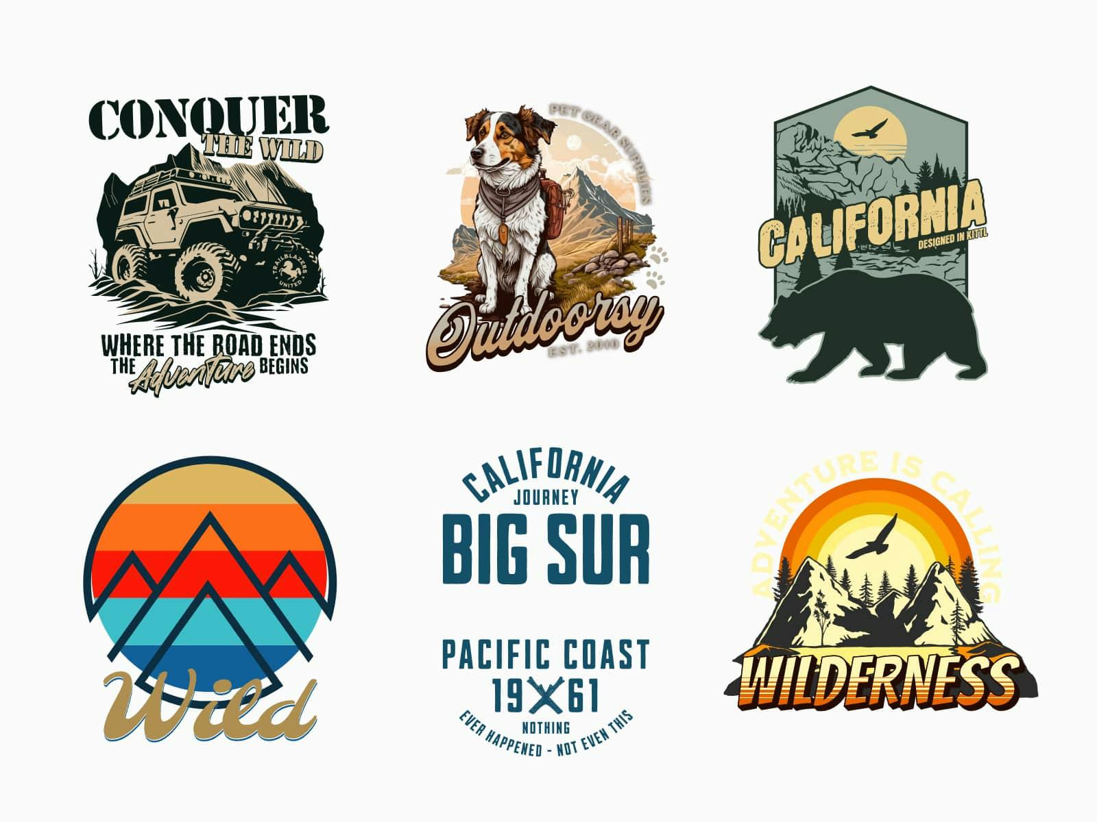 A collection of custom-designed outdoor-themed t-shirt templates
