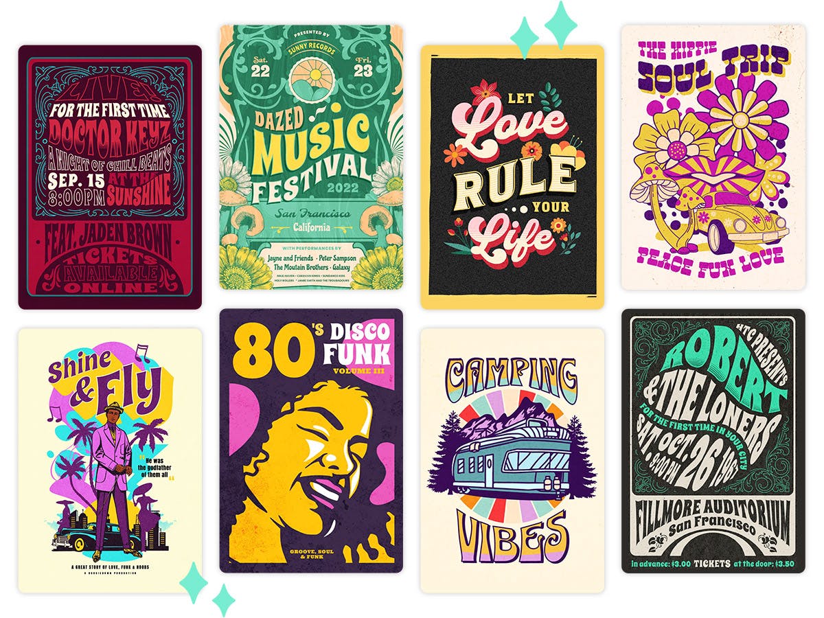 Different color schemes and elements to build versatile psychedelic poster design 