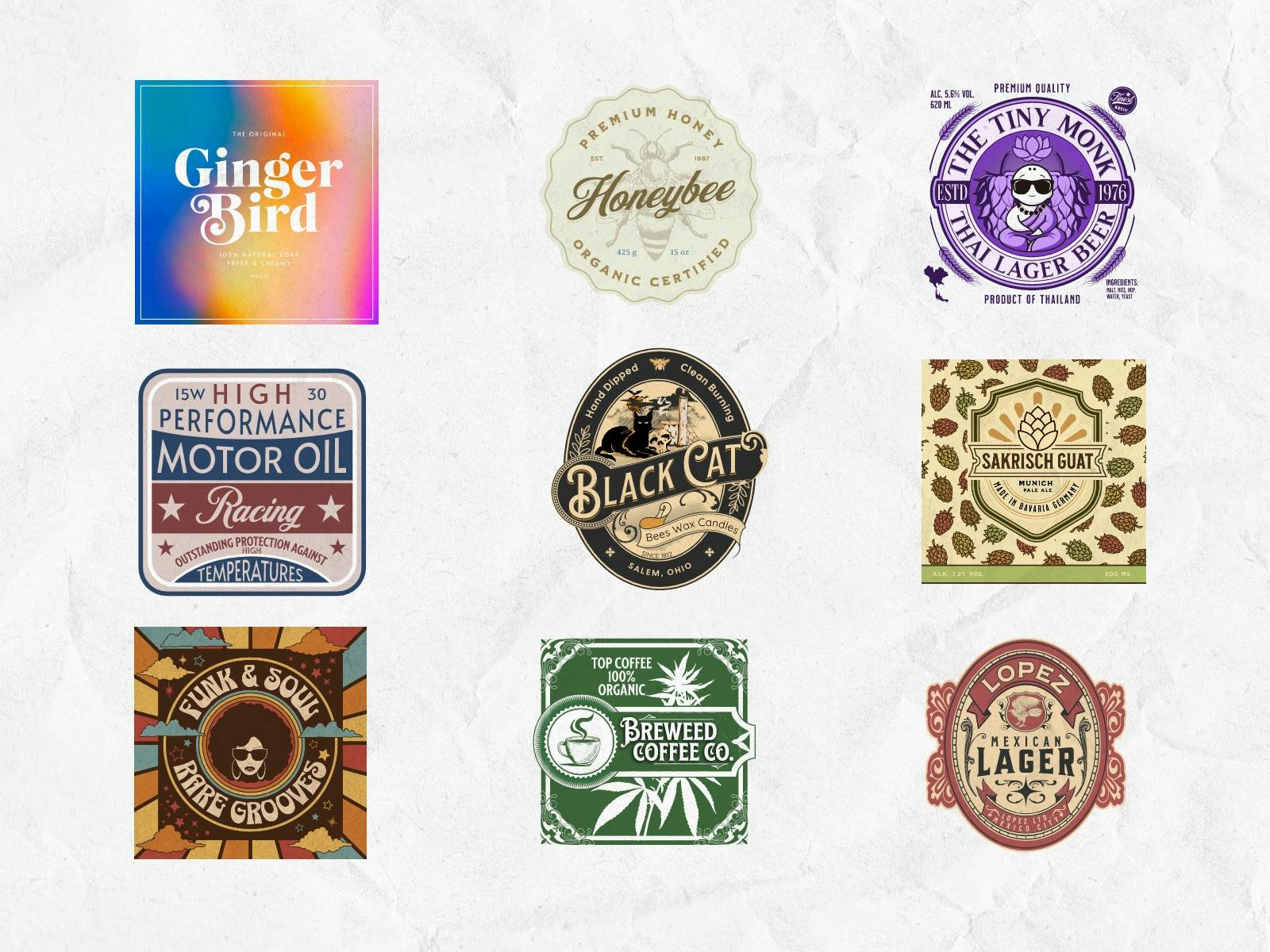 Collection of 9 popular label template designs in Kittl