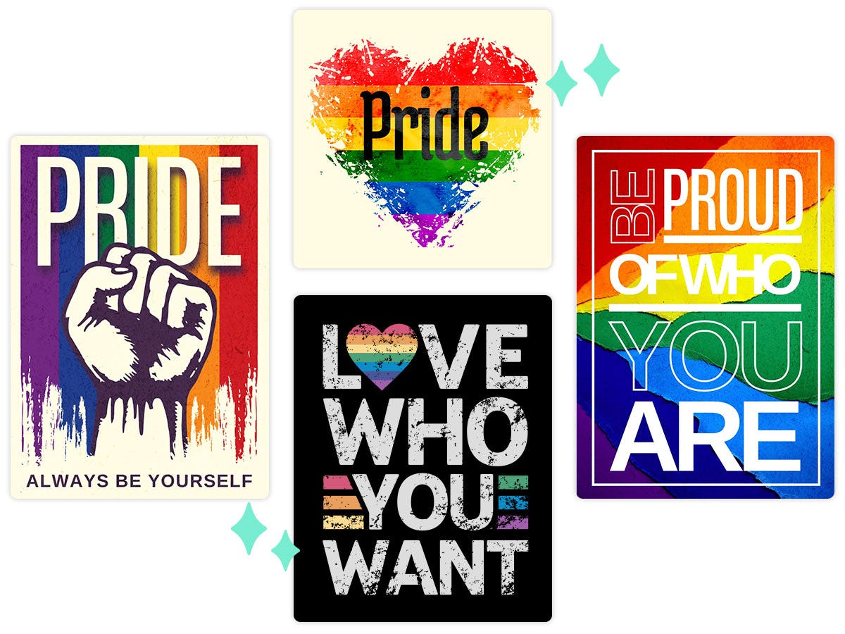 Diverse and colorful LGBTQIA+ design templates available in Kittl.