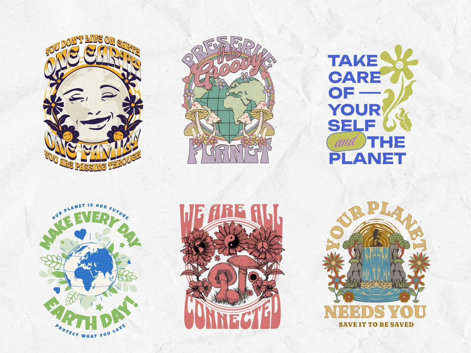 A group of colorful and vibrant Retro Hippie Earth Day t-shirts
