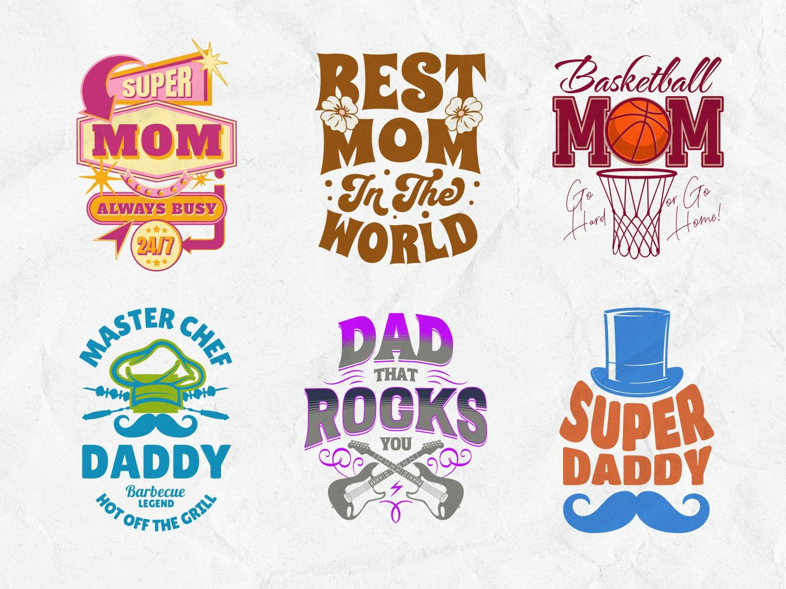 Typographic Mom & Dad T-Shirt: Collection of typographic Mom & Dad-themed T-shirt designs