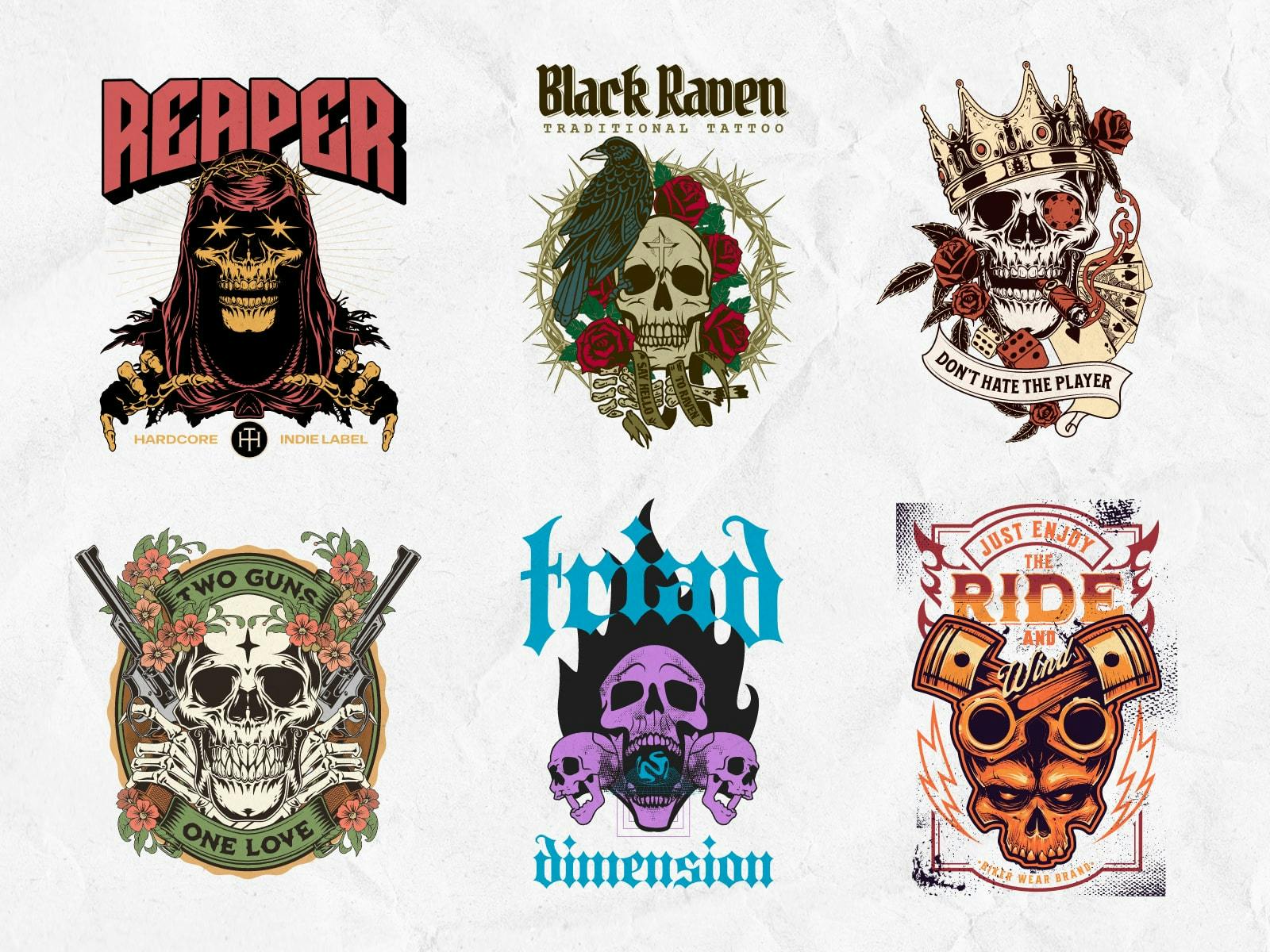 A collection of unique and trendy skull-themed t-shirt designs