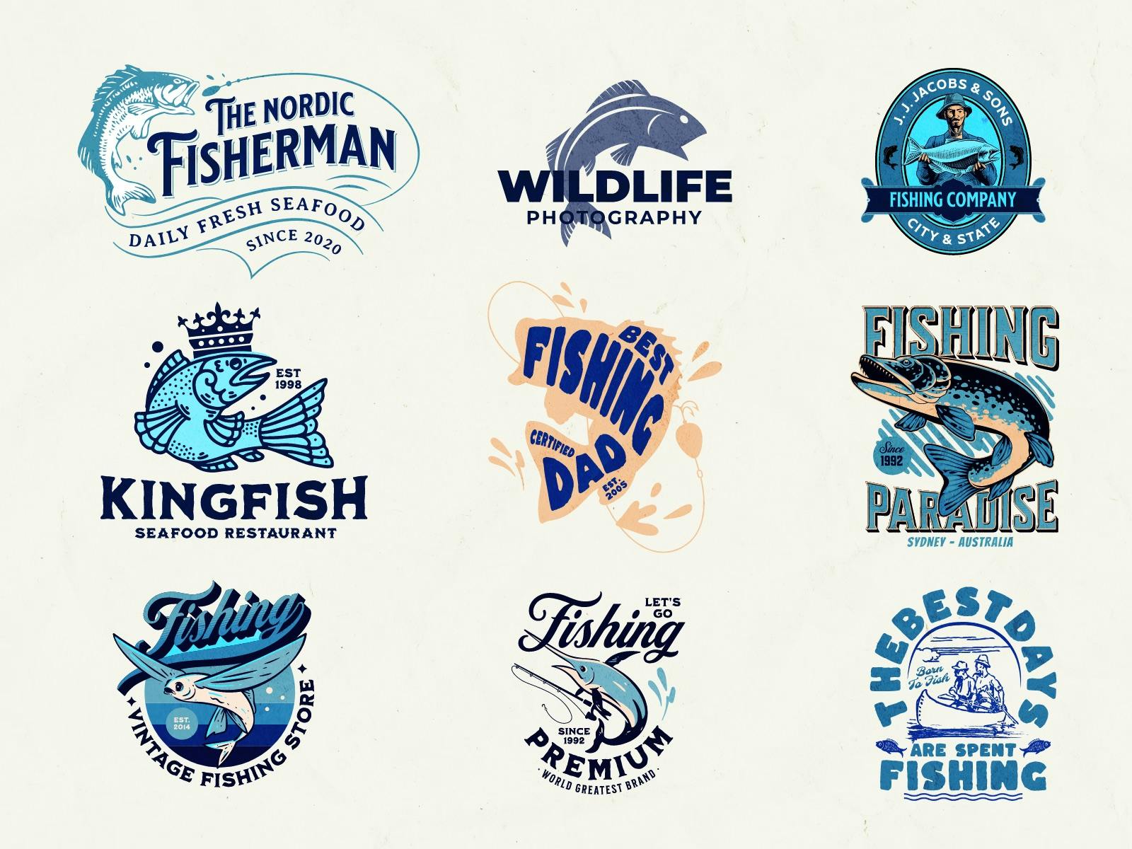 collection of nine fishing logos available in kittl