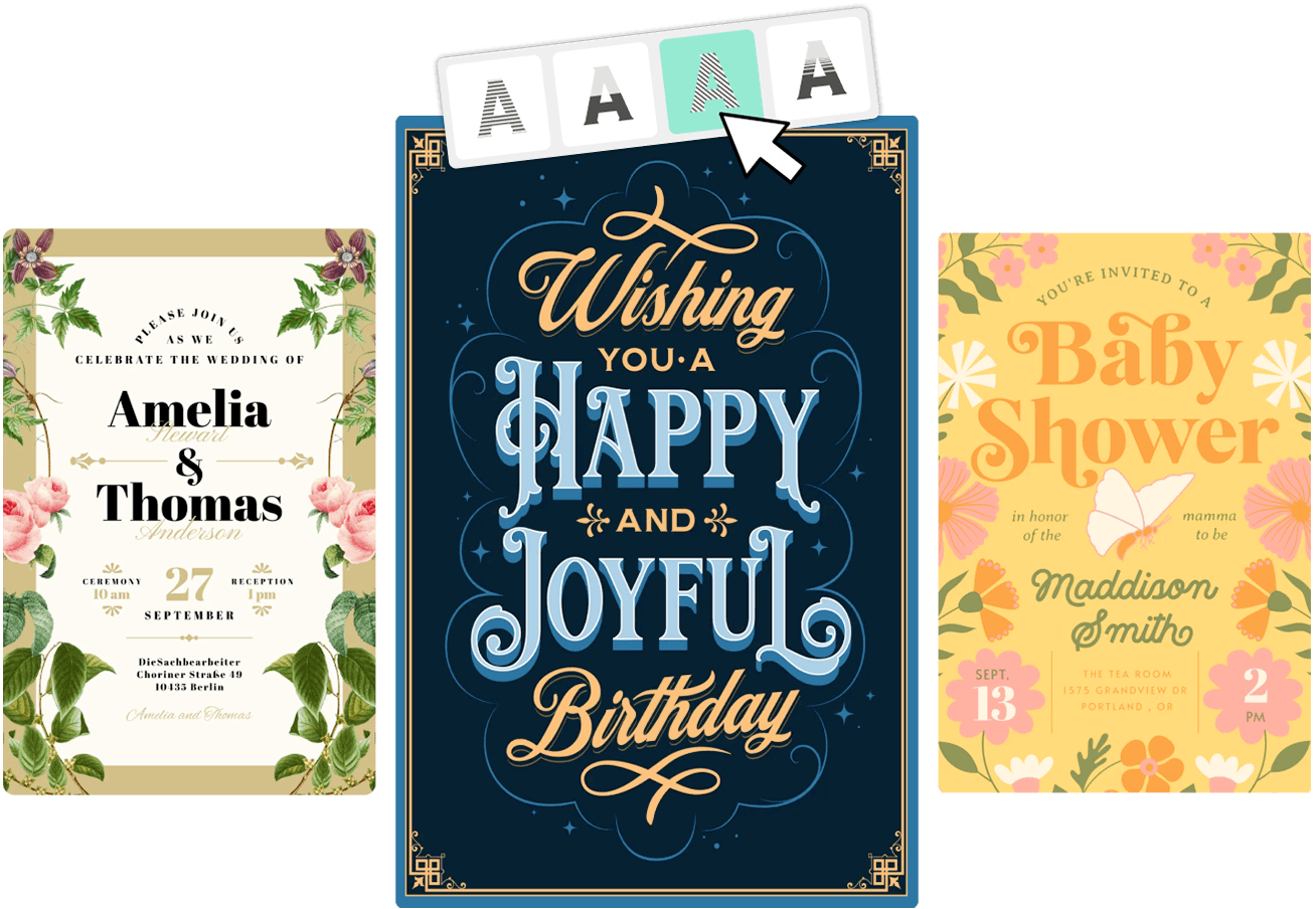 Vintage and modern card designs for birthdays, wedding invitations and baby showers build in Kittl.