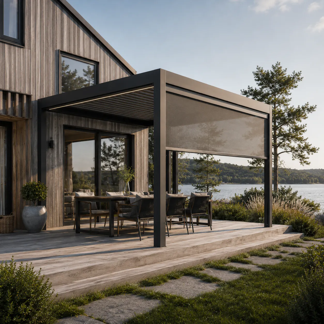 En moderne pergola med nedrullet utvendig screen gir skygge og avskjerming over et spisebord på en treterrasse ved en innsjø, foran et hus med vertikal trekledning.