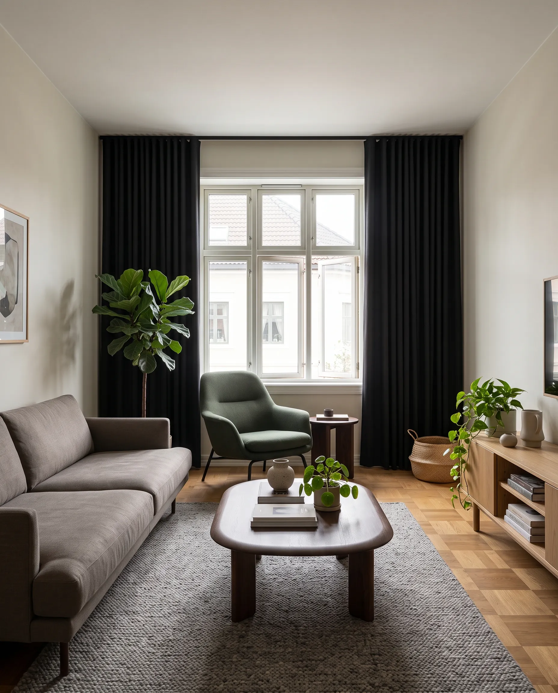 Lys og moderne stue med mørke gardiner, beige sofa, grønn lenestol og salongbord på et lyst vevd teppe foran et stort vindu.