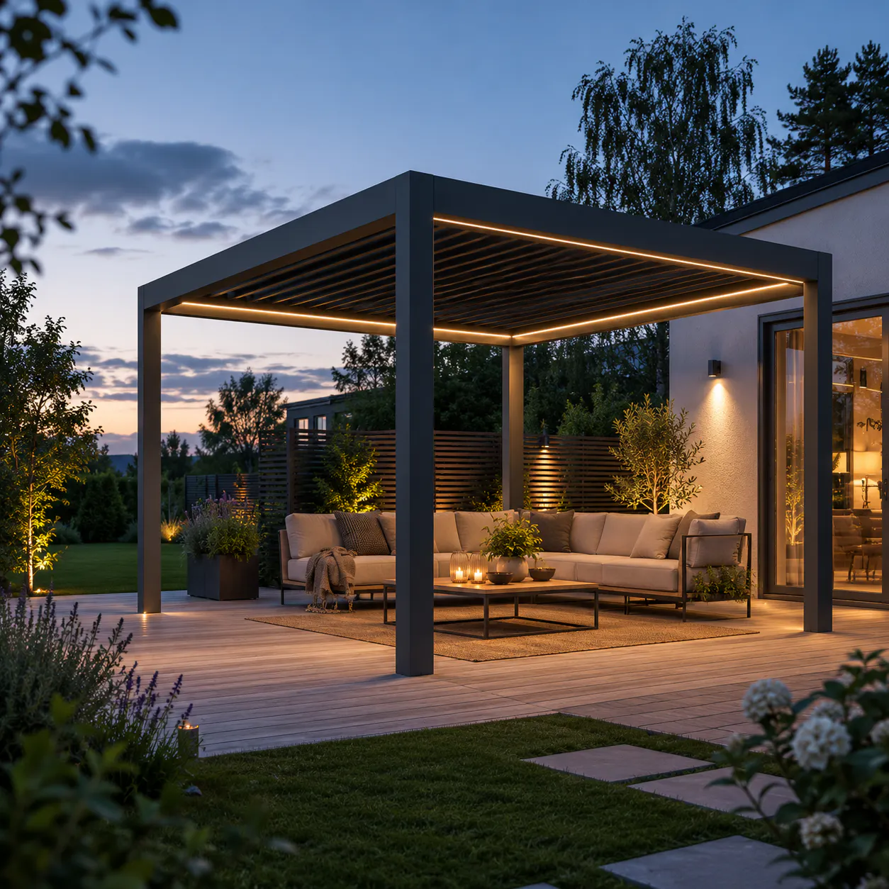 Moderne pergola med lamelltak og integrerte LED-lys overdekker en sofa- og bordgruppe på tredekke, omgitt av planter og hage i skumringslys ved et moderne hus.