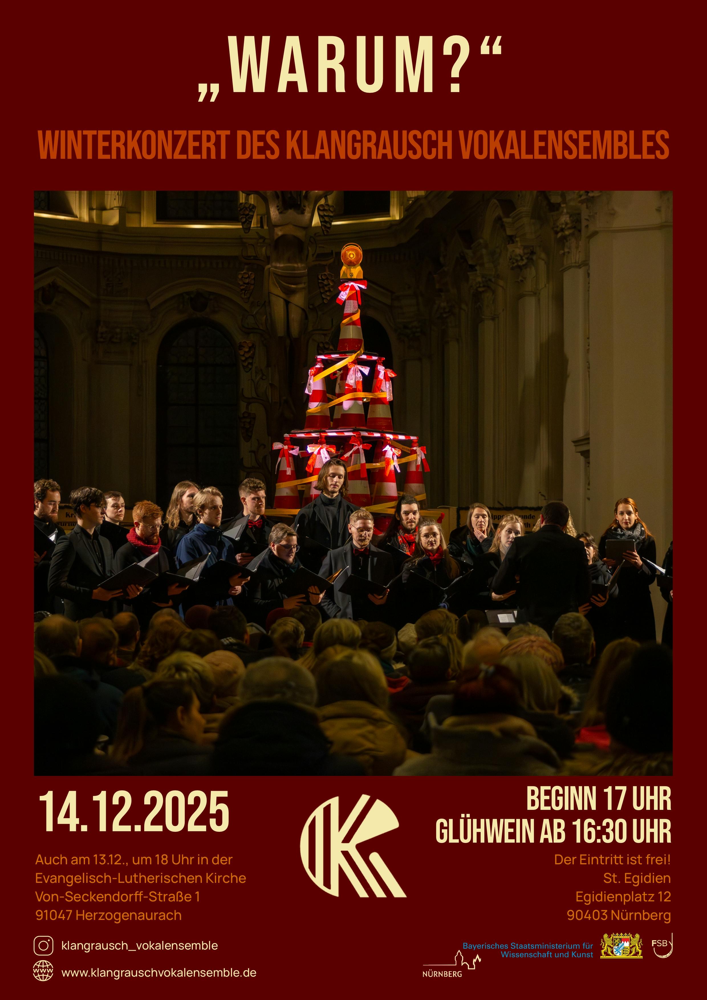 Plakat des Winterkonzerts in St. Egidien in Nürnberg mit dem Titel "Warum?"