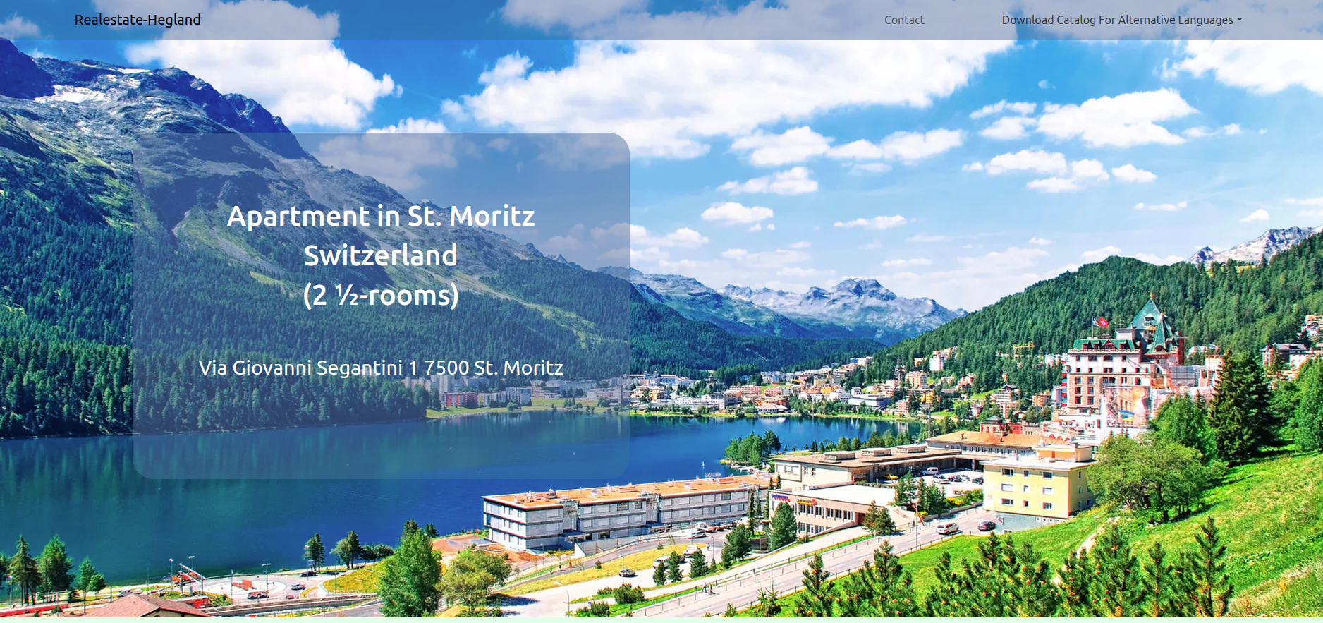 Screenshot der Homepage von Realestate Hegland, eine Postkarten Ansicht von St. Moriz mit See zeigend.