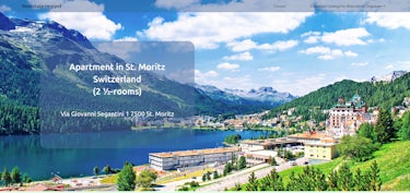 Screenshot der Homepage von Realestate Hegland, eine Postkarten Ansicht von St. Moriz mit See zeigend.