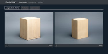 Screenshot der Homepage von Daniel Näf, zwei seiner Kunstobjekte zeigend.