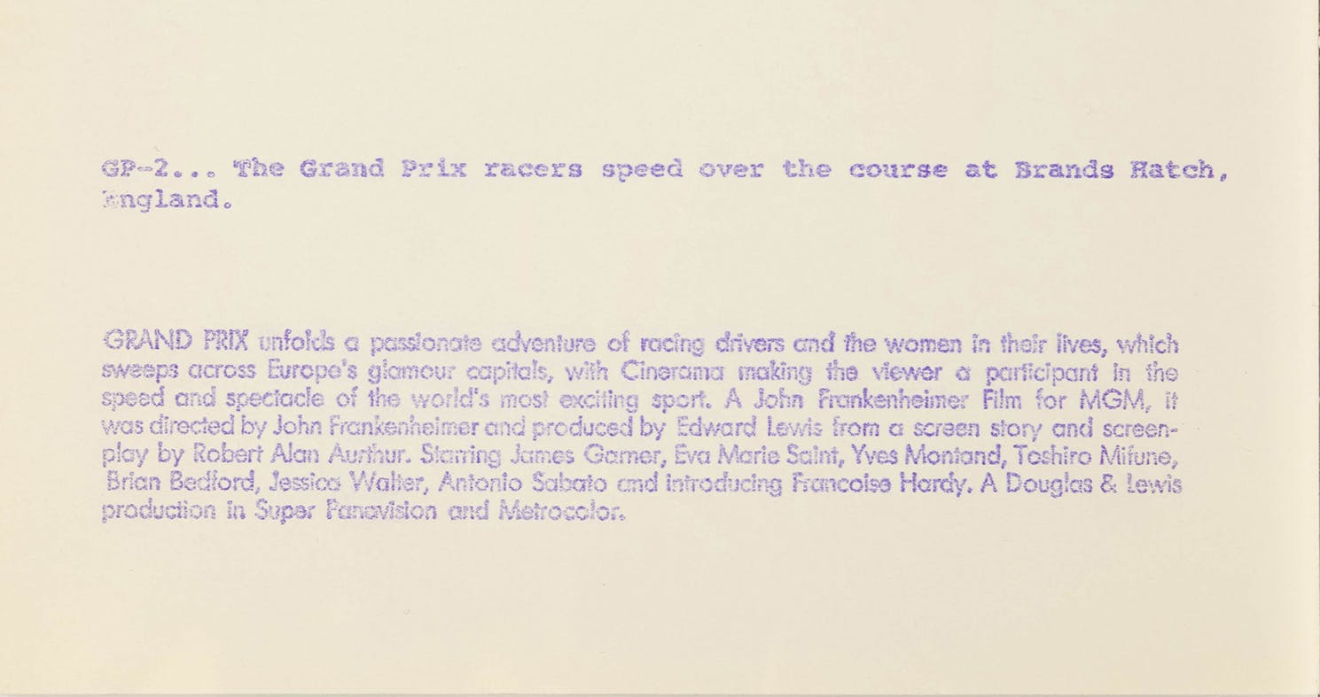 The film's plot and cinematography highlights printed on the back Grand Prix 1966. 