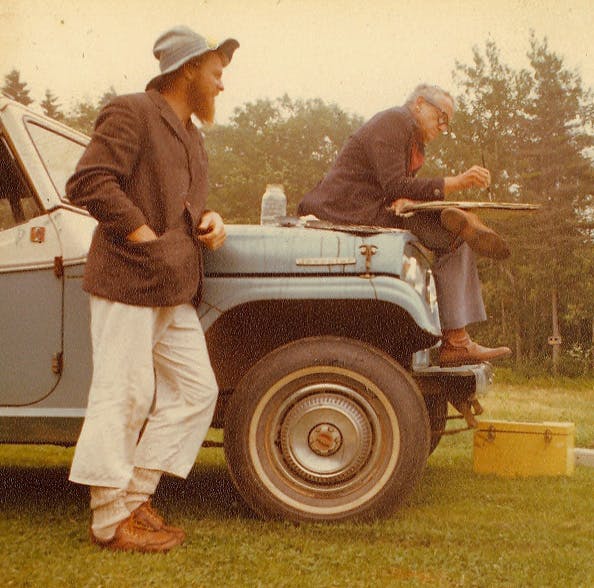Wyeth pictured on a car painting en plein air next William Waterway Marks, who was a guest at his sheep farm in the summer of 1977