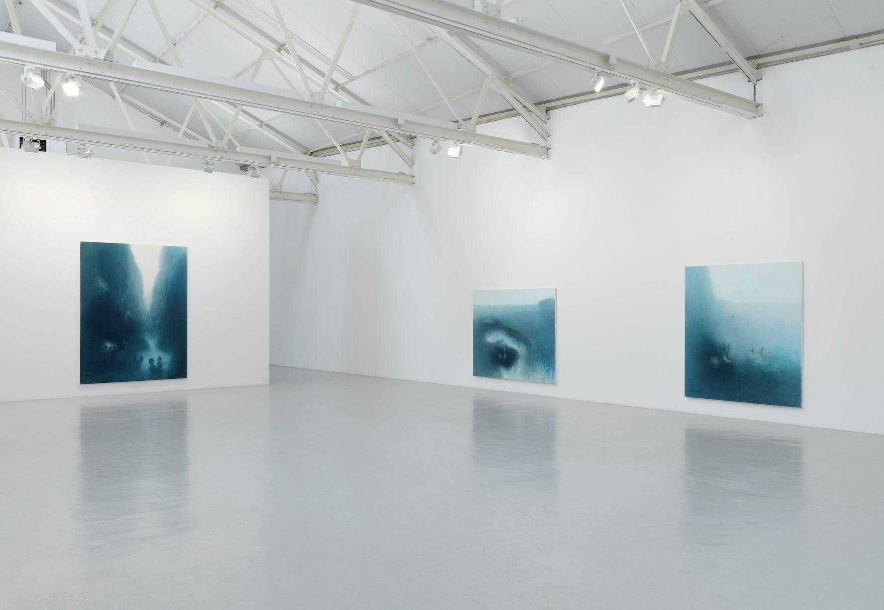 Azyl/Azul, a series of seven landscape paintings by Dee Ferris, at Corvi-Mora. Image courtesy the artist and Corvi-Mora. Photo: Marcus Leith