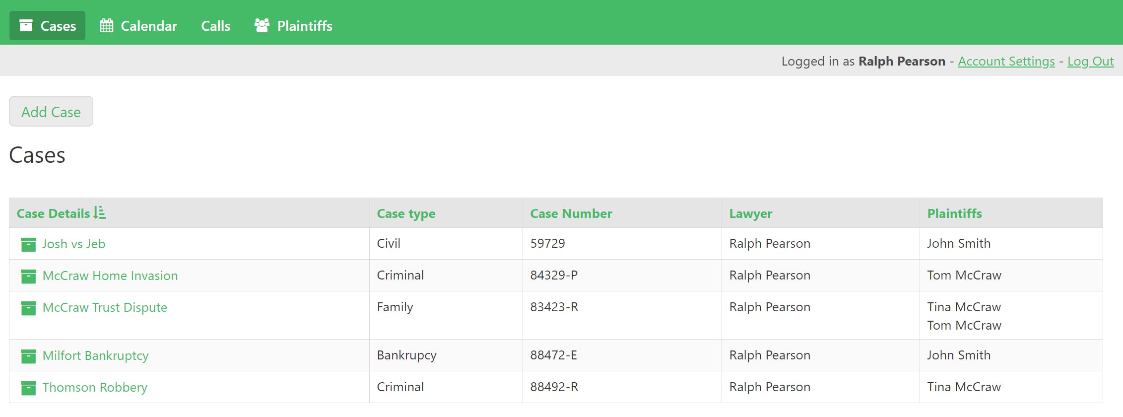 Lawyers log into the app where they immediately see their cases. They can then navigate to other parts of the portal.