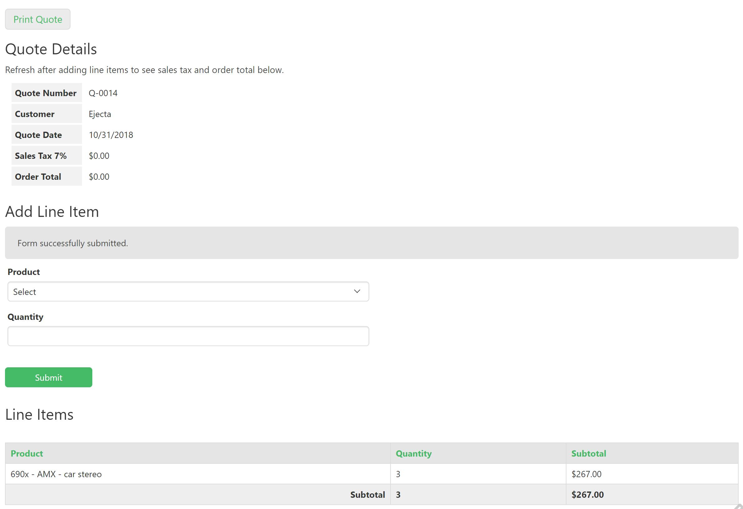 During the quote stage, sales can add new line items. They can also generate a pdf print out of the quote.