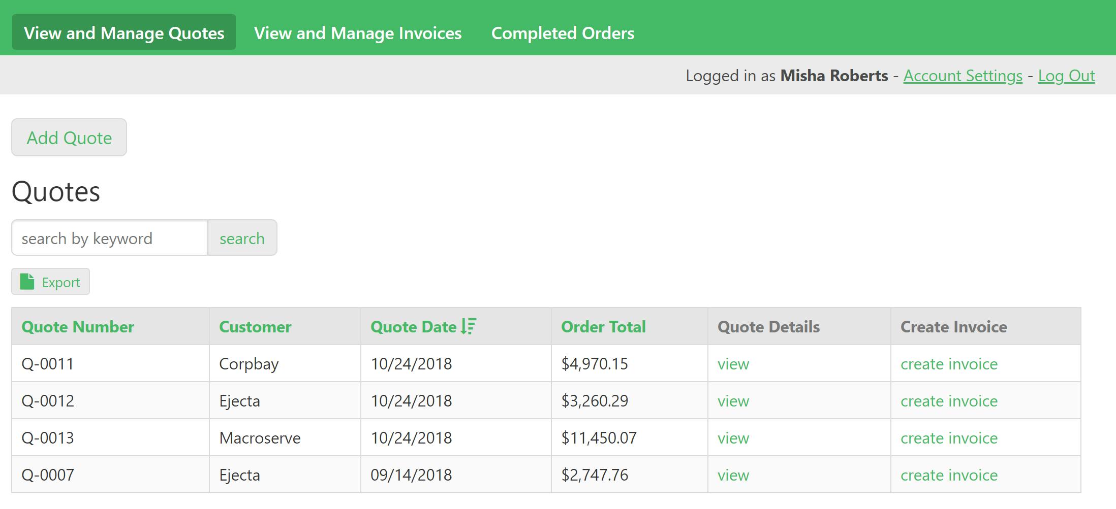 The sales portal splits quotes, invoices, and completed orders on their own pages for easy viewing.