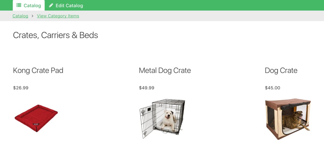 Categories contain the associated items to help keep the catalog organized.