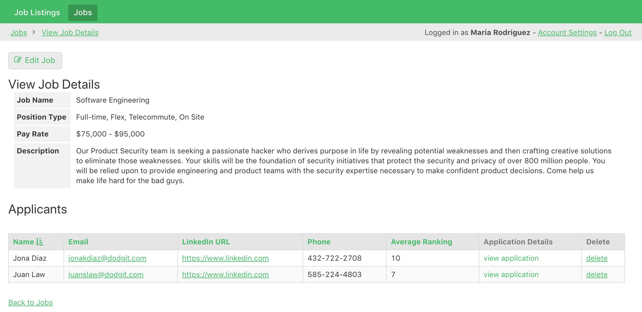 HR staff can view job listing details and applications.