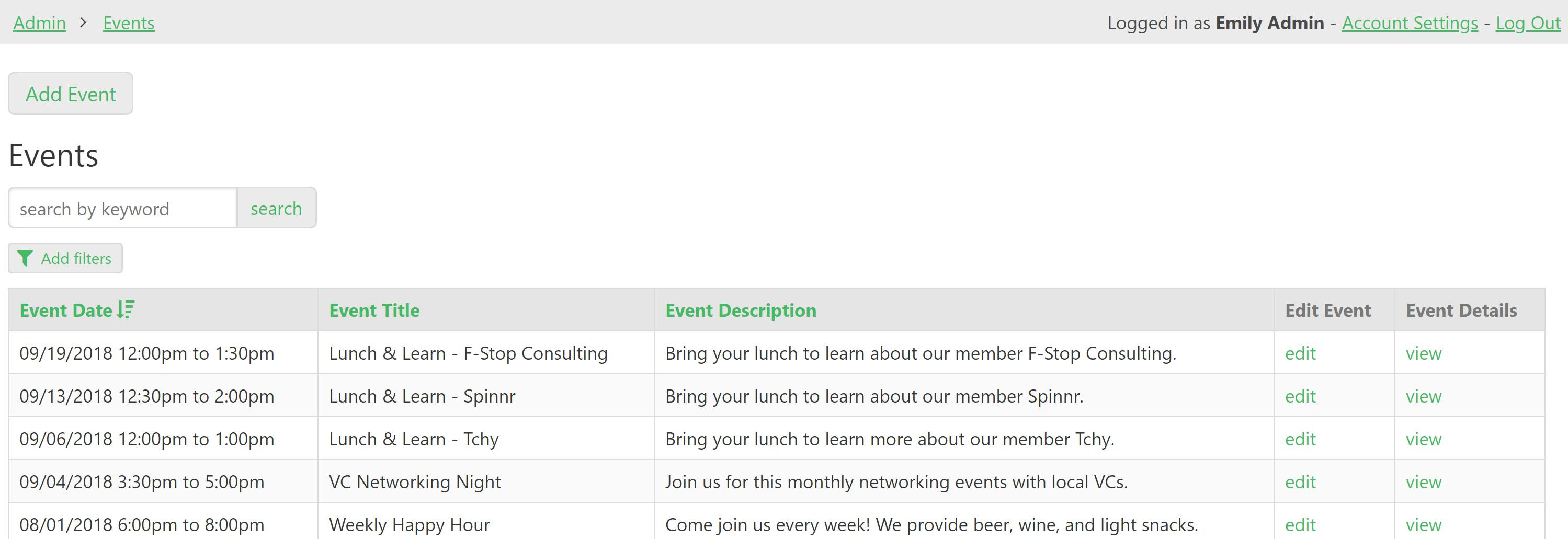 Admins can manage events for the space, including one-time and recurring events.