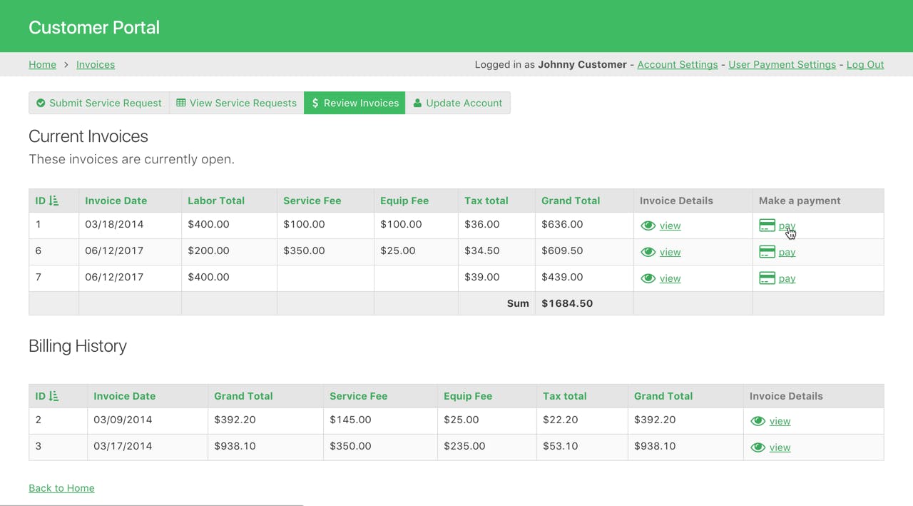 Customers log in to their own dashboard where they view open invoices and have easy access to make a payment.