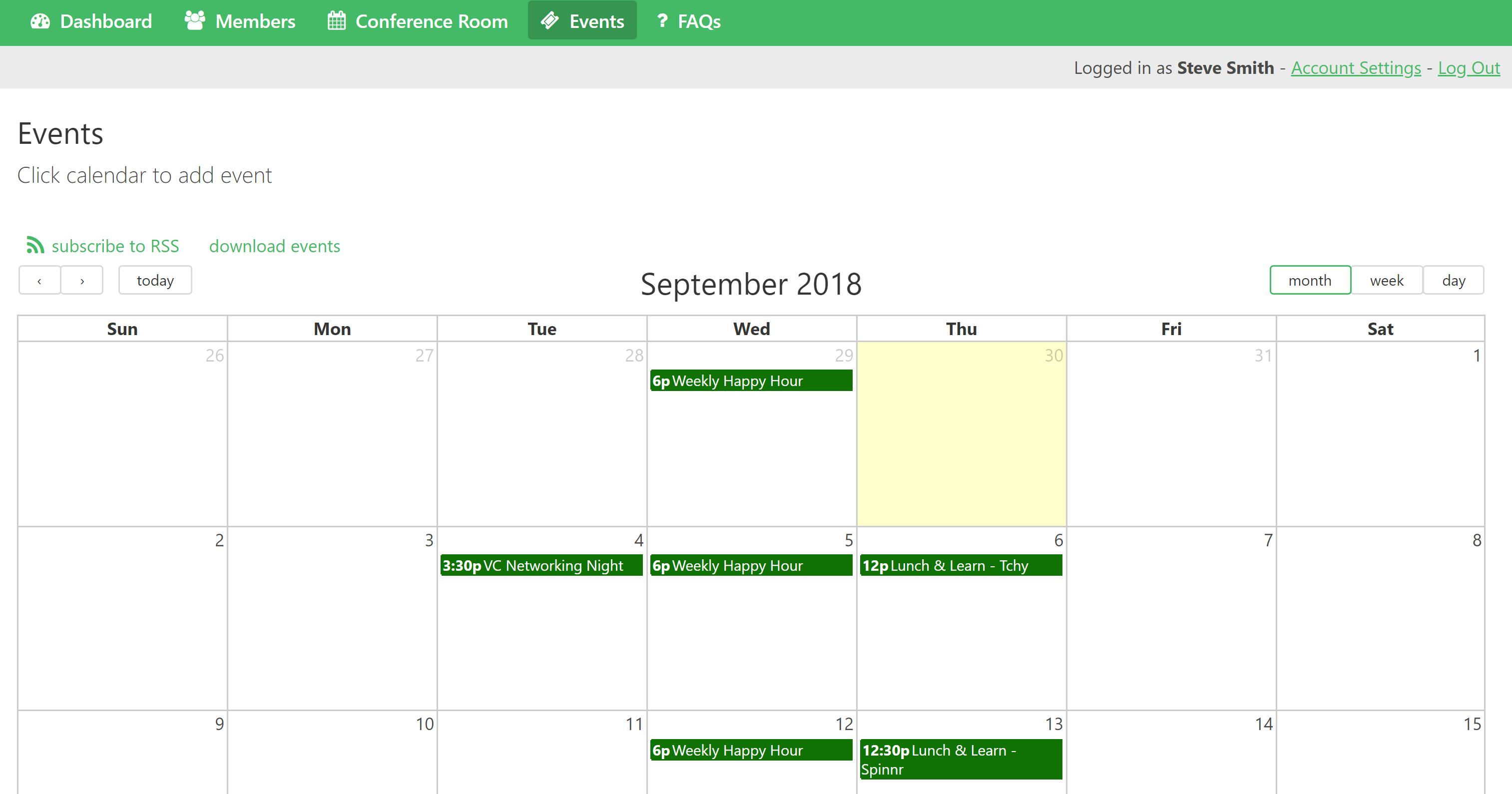 A calendar view makes it easy for members to see upcoming events. They can click on the calendar to add their own event.