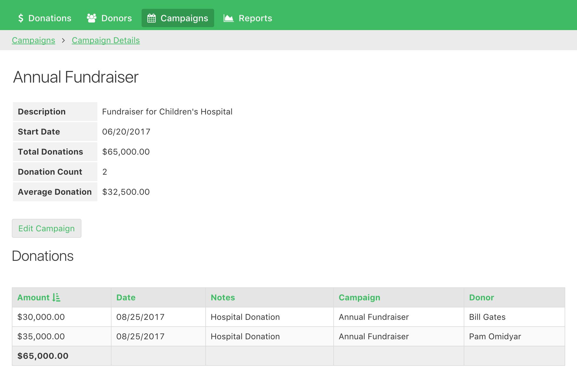 Track campaigns and donation totals. Click on a campaign to add donations and view donation history.