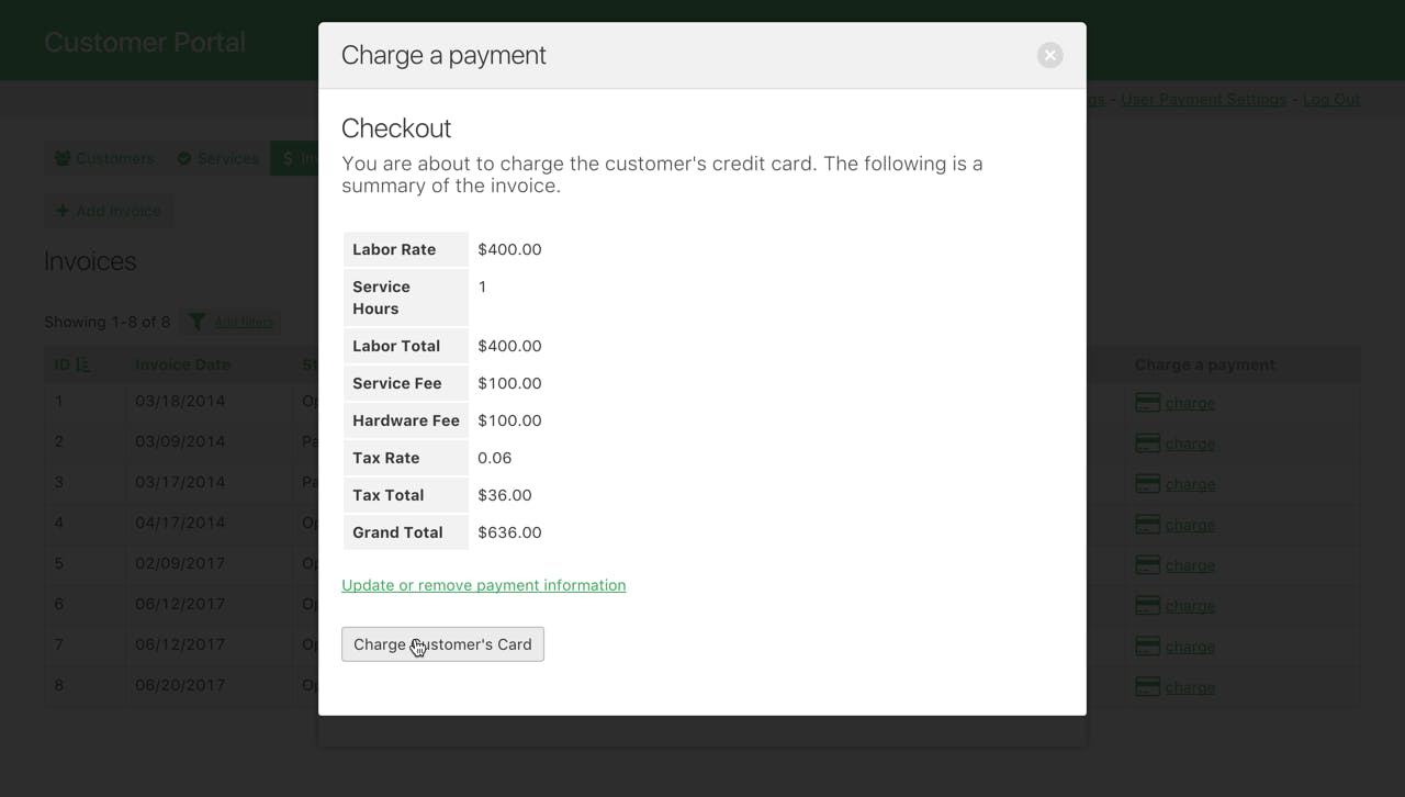 Business Managers and Customers have a 1-click option to submit a payment using stored payment details.