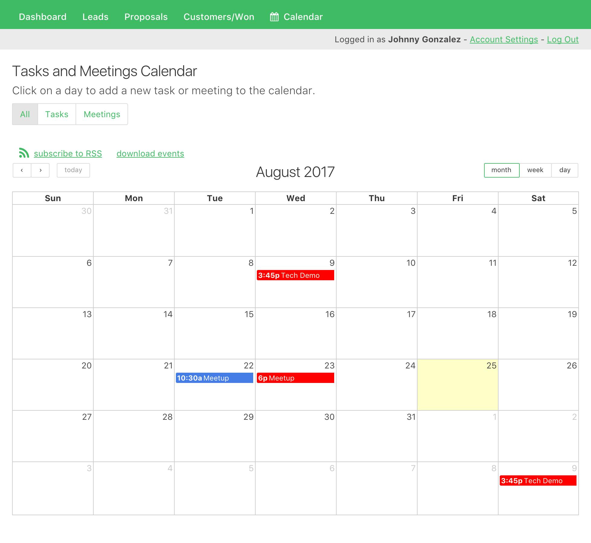 Each CRM lead has tasks and meetings that are assigned to each sales rep and tracked in a calendar.