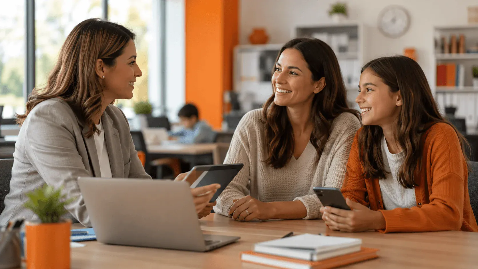 Três mulheres em ambiente de trabalho ou sala de reunião, sentadas lado a lado e sorrindo enquanto conversam e usam tablet e celular, com mesa e livros ao fundo.