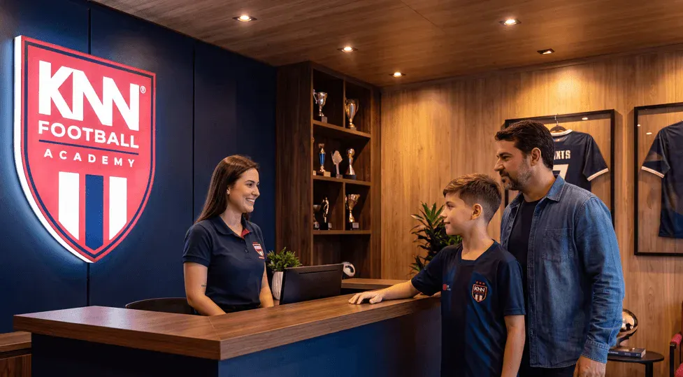 Equipe da KNN Football Academy em recepção, com atendente e família conversando no balcão, sinal com o logo KNN Football Academy ao fundo e ambiente interno com prateleiras e troféus.