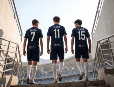 Três jogadores de futebol em campo, vistos por trás, com uniforme azul e branco, descendo uma escadaria em direção ao estádio. Vista traseira dos atletas.