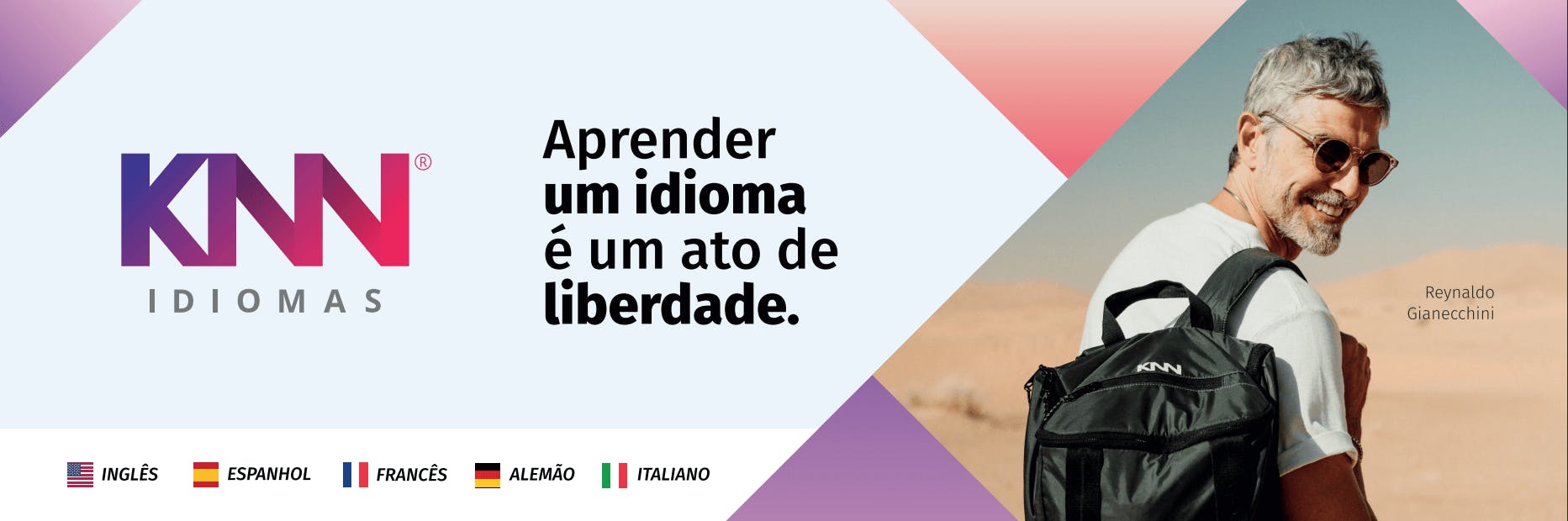 Logo de um Banner da KNN Idiomas com a foto do ator Reynaldo Gianecchini