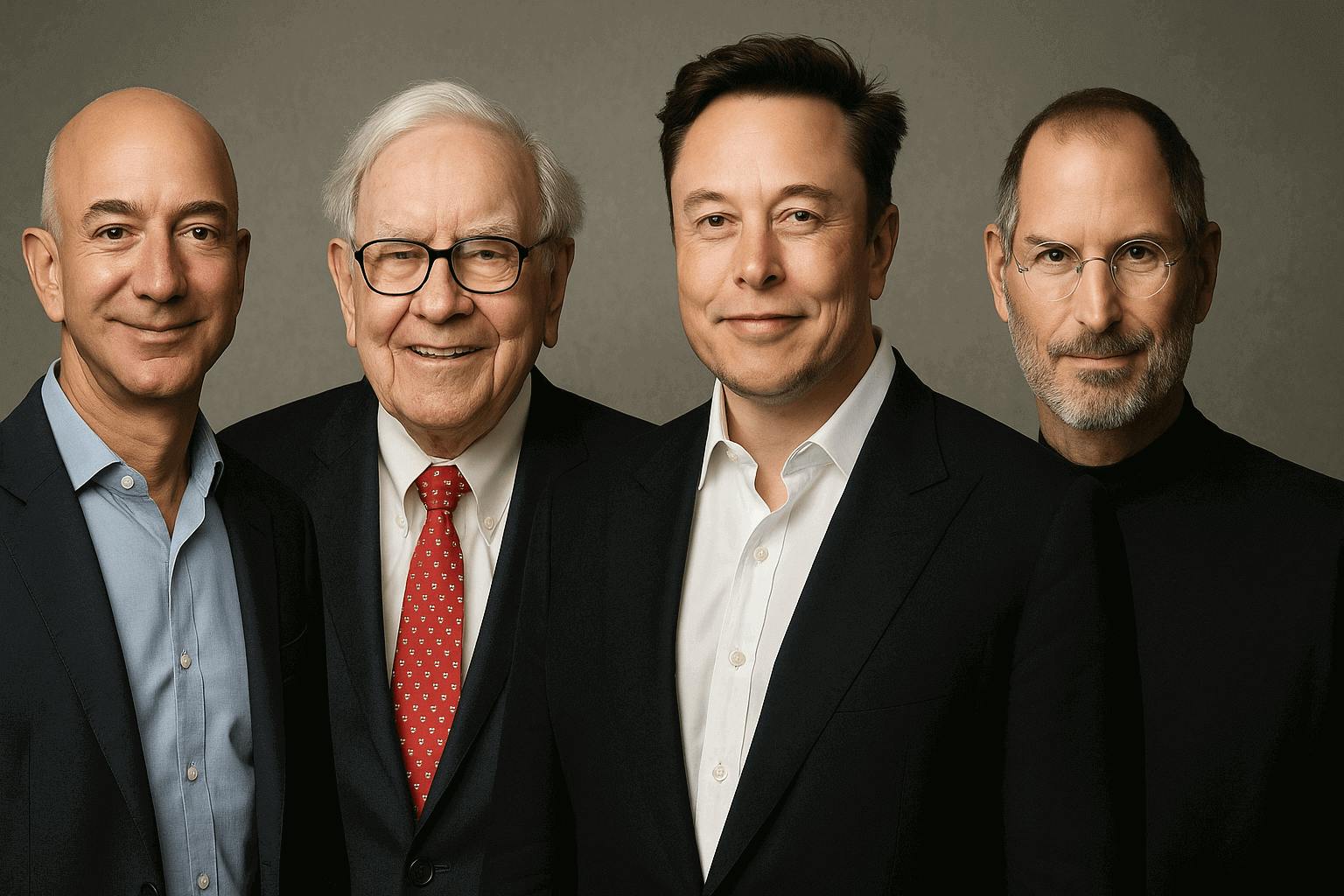 Uma imagem com os empresários Jeff Bezos, Warren Buffet, Elon Musk e Steve Jobs juntos.