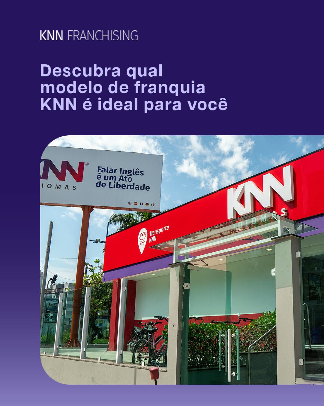 Arte de uma foto da fachada da KNN Idiomas, com o lettering "Descubra qual modelo de franquia KNN é ideal para você".