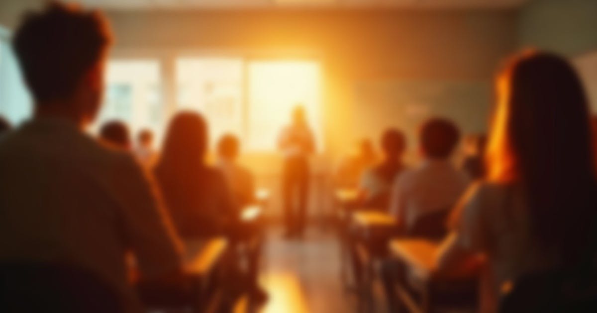 Imagem de uma sala de aula vista do fundo, com desfoque total e o professor ministrando aula na frente.